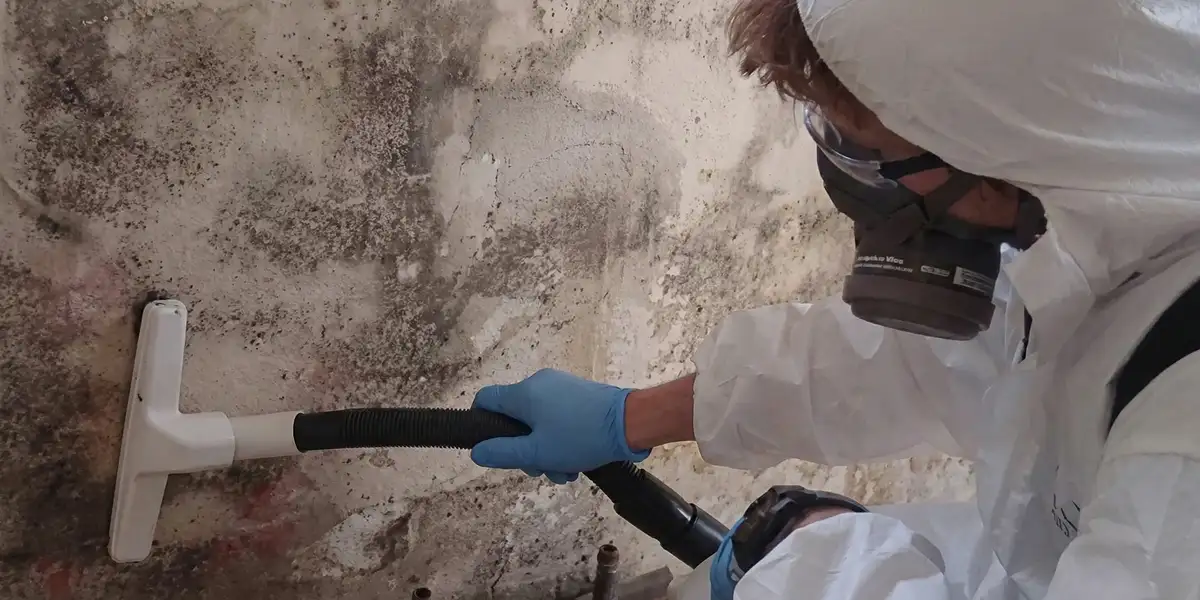 professional mold removal technician wearing protective equipment removing mold from a wall in Pittsburgh, PA